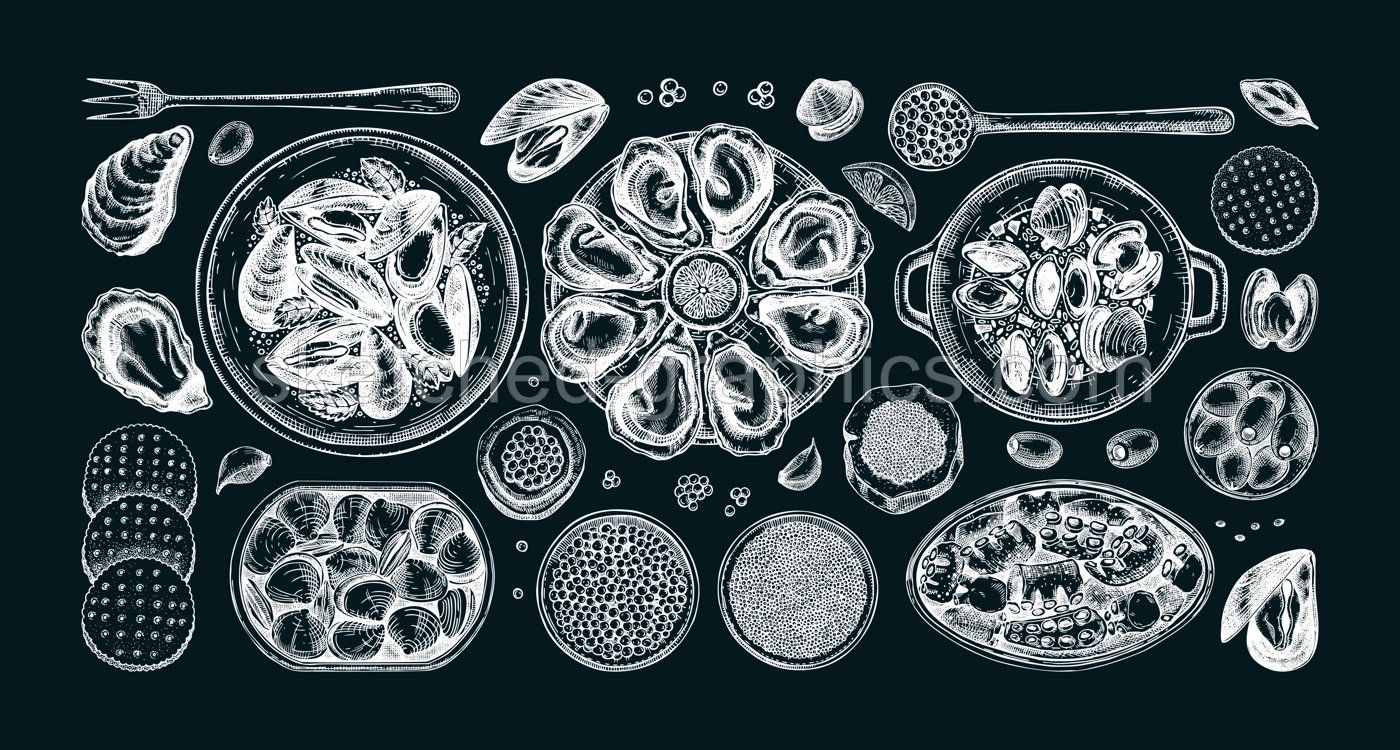 Seafood buffet illustrations collection in collage style. Hand drawn shellfish - mussels, oyster, shrimps, caviar, canned fish canape sketches. Mediterranean cuisine, restaurant menu, finger food part Illustration